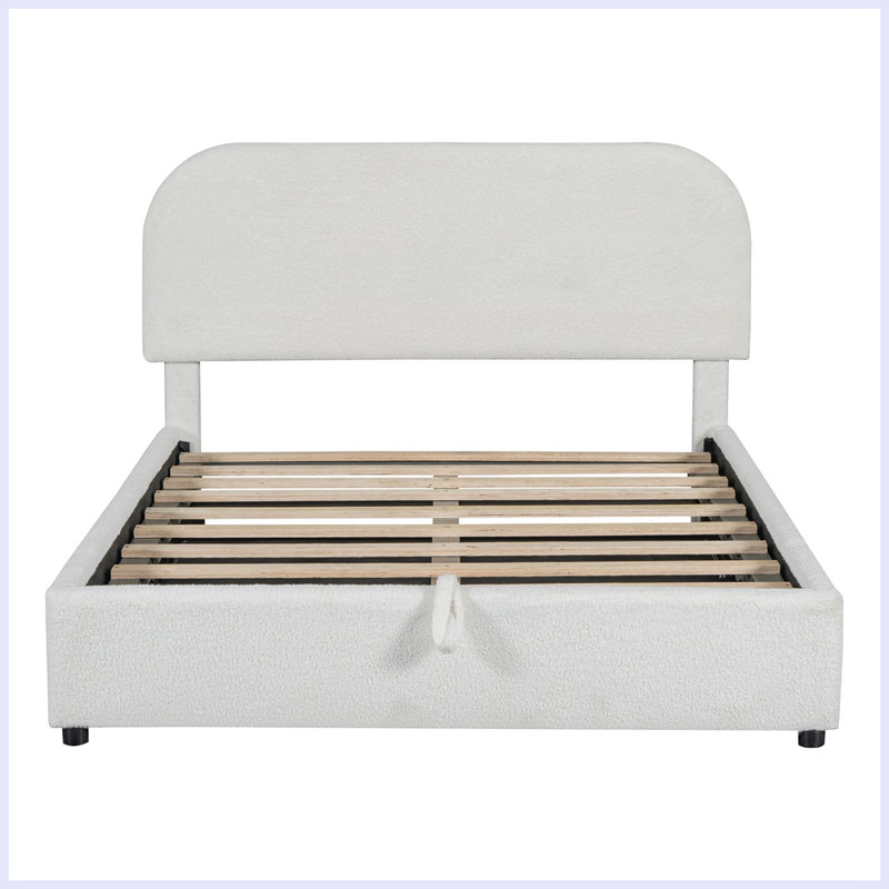 Lit plateforme tapissier Teddy avec système de rangement hydraulique, Double, Blanc
