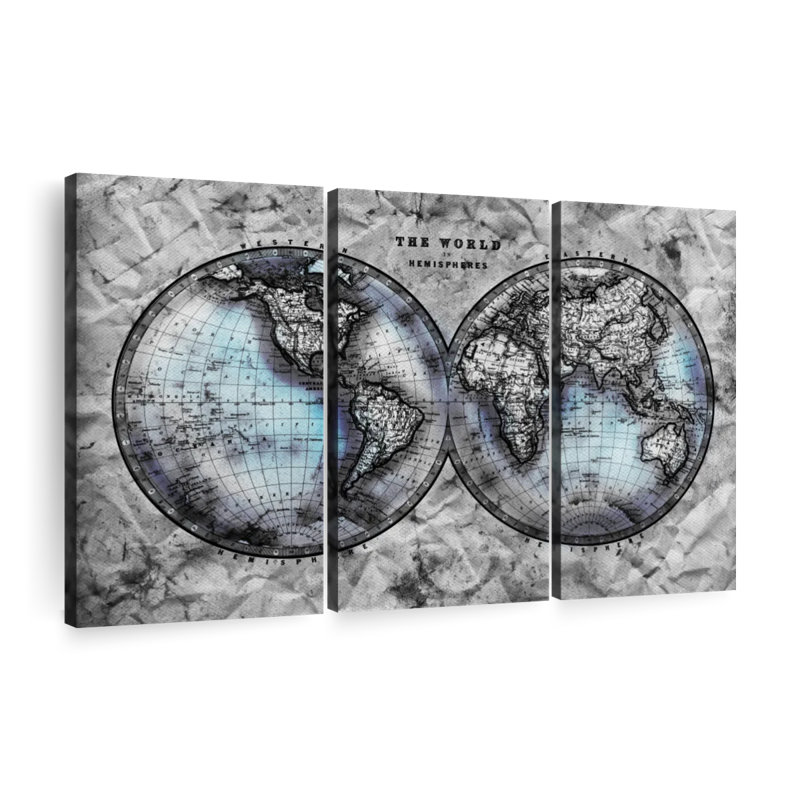 " World Hemispheres Map Multi Piece Canvas Print " by Finnian P 3 - Pieces, 36" H x 57" W x 1.25" D