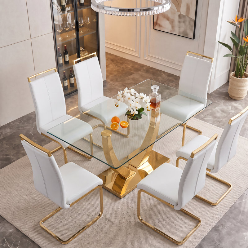Ensemble de salle à manger 7 pièces rectangulaire moderne en verre trempé avec base en métal et chaises en porte-à-faux en similicuir