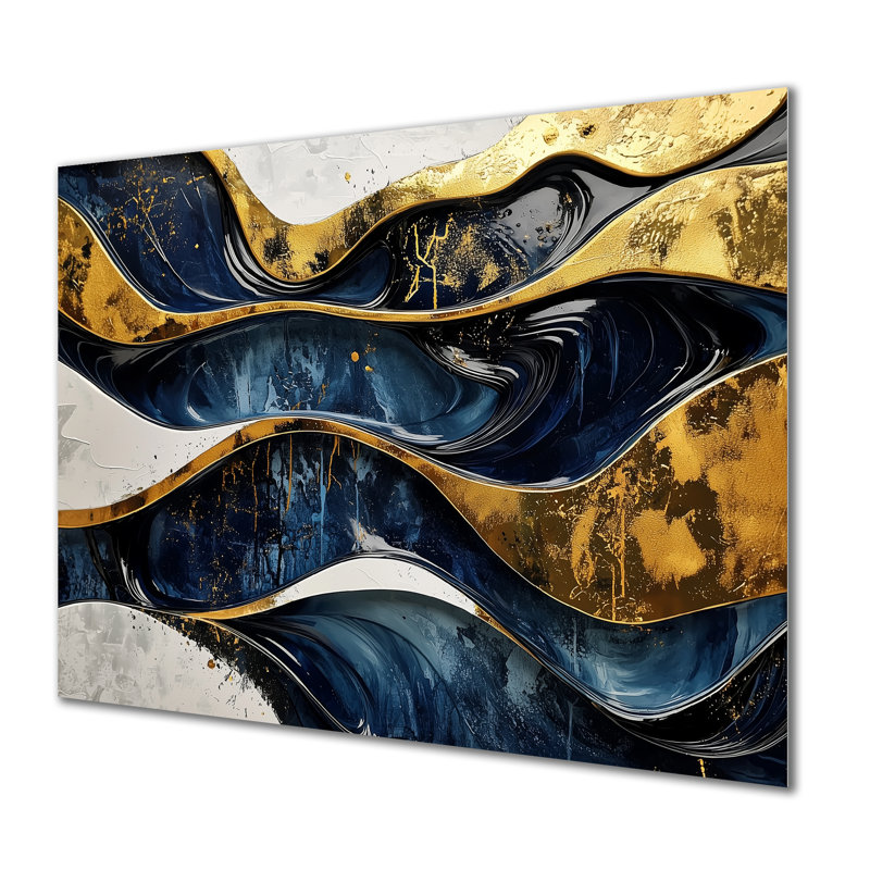 «Hard Edge», bleu et or, jeu optique en spirale I - peinture à bord rigide, art mural en métal, H 12 po x l 20 po