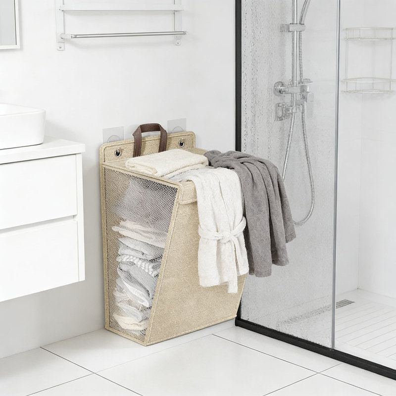 Two Large Beige Pieces,Foldable Laundry Hamper Basket For Home, Bathroom, Dorm - Multi-Functional Storage Organizer With Wall Mount Option, Made Of Breathable Linen Cotton Blend