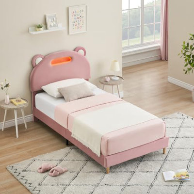 Lit plateforme double capitonné en velours rose pâle – Tête de lit DEL, sommier à lattes en bois robustes, silencieux, sans sommier tapissier, montage facile, taille simple