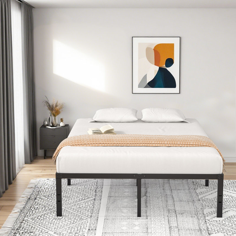 16" Black Metal Bed Frame Headboard Compatible Platform Bedframe, Full