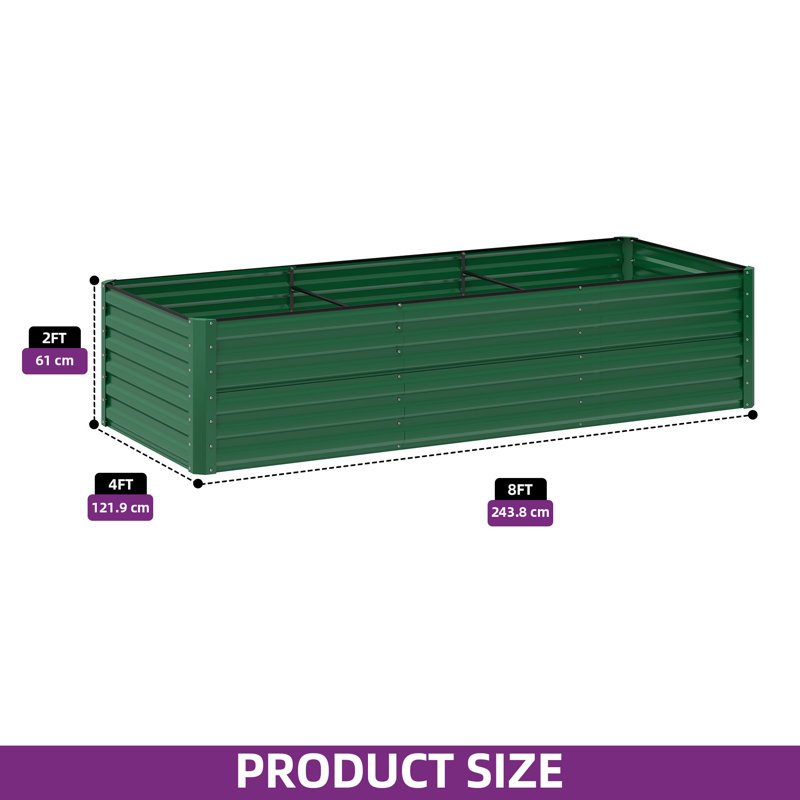 Galvanized Raised Garden Bed With Gloves, Green, 24" H x 96" W x 48" D