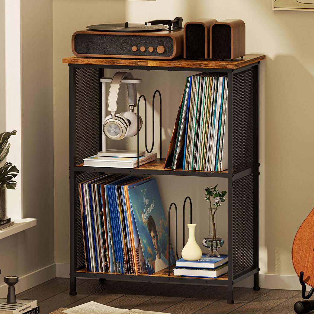 George Oliver Record Player Stand With 3 Adjustable Dividers, Vinyl ...