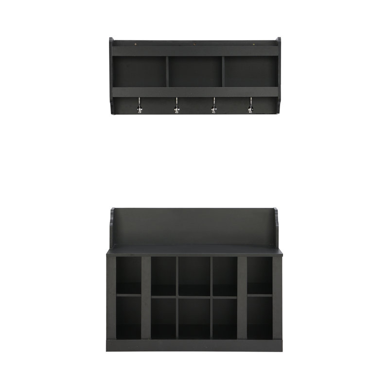 Shoe Storage Bench With Shelves And 4 Hooks, Elegant Hall Tree With Wall Mounted Coat Rack, Entryway Organizer For Hallway, Foyer, Mudroom