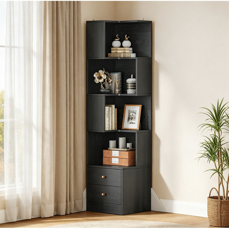 Corner Shelf, 5-Tier Corner Bookshelf Display Rack with 2 Drawers, for Bedroom, Living Room, Home Office, Black