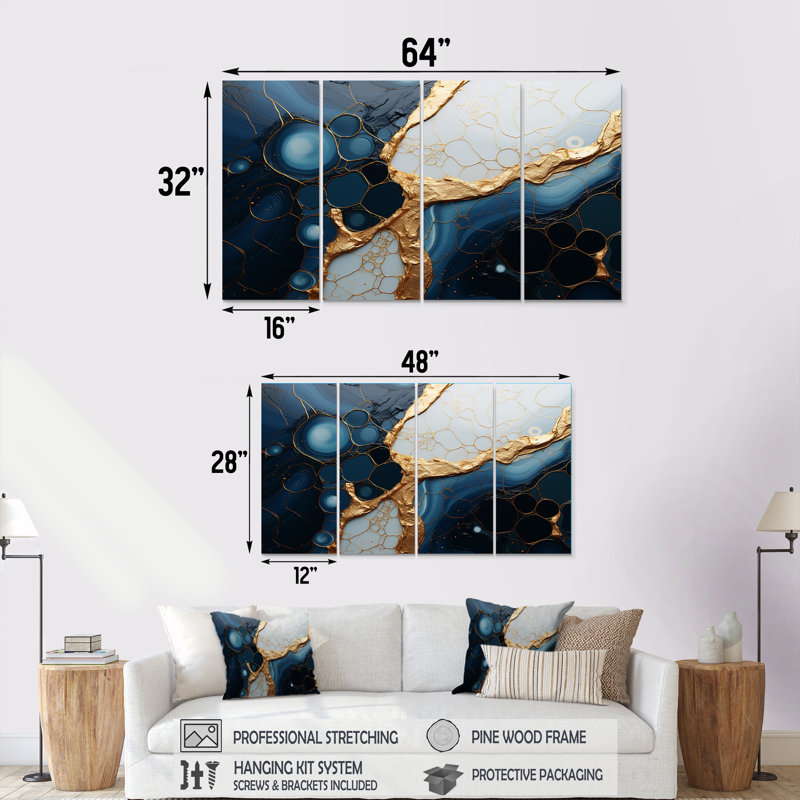 Ensemble de 4 décorations murales en marbre doré et bleu Essence Magic II - Abstrait marbre, H 28 po x l 48 po