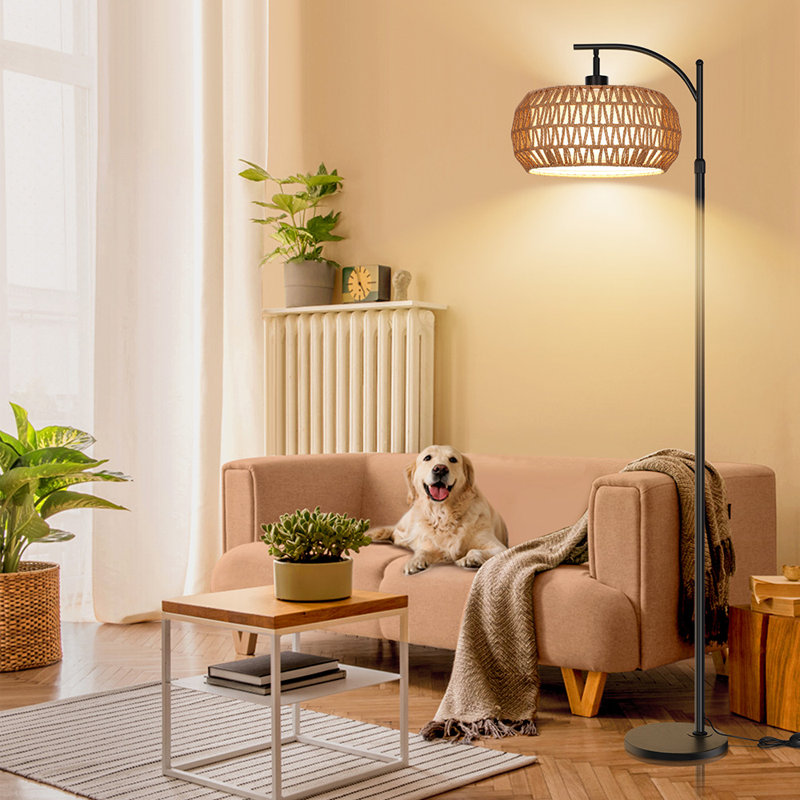Rattan Floor Lamp Boho Standing Lamp with Remote Control Dimmable