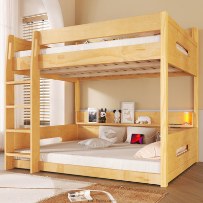 Queen over Queen Bunk Bed with Storage Shelves & USB Ports | Wood Color