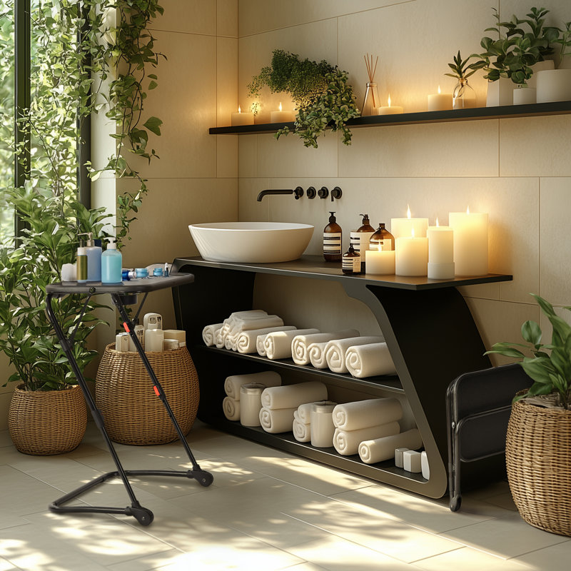 Table d'appoint réglable pour salle de bain, surface en PP imperméable de 13,8 po x 18,9 po, pliable avec porte-gobelet intégré, 4 réglages de hauteur et 3 angles d'inclinaison, idéal pour les produits de bain, les boissons et les appareils électro