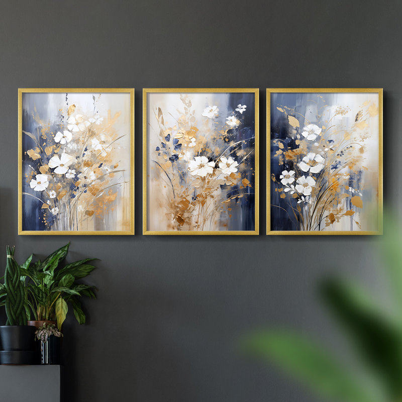 Étude florale Cxxi -Set de 3 estampes numériques encadrées -Prêt à, Cadre doré, H 10 po x l 8 po