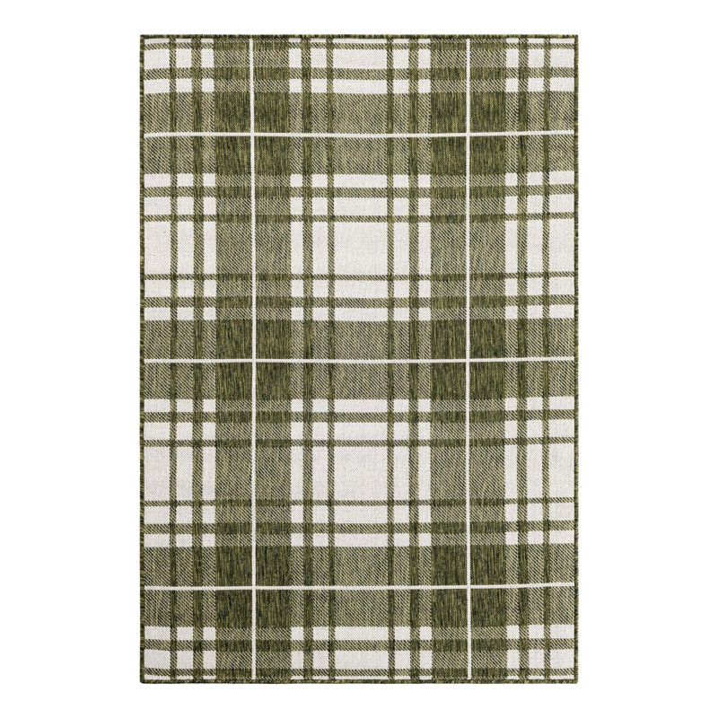 Tatasha Plaid Power Loom Polypropylene Plastic Indoor/Outdoor Area Rug in White/Green, Rectangle 4'1" x 6'1"