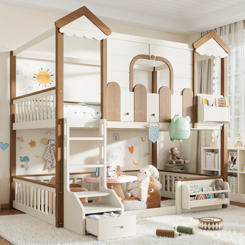 Lit superposé House avec rangement, bibliothèque et tiroir, maisonnette de jeu, détachable, Beige, naturel