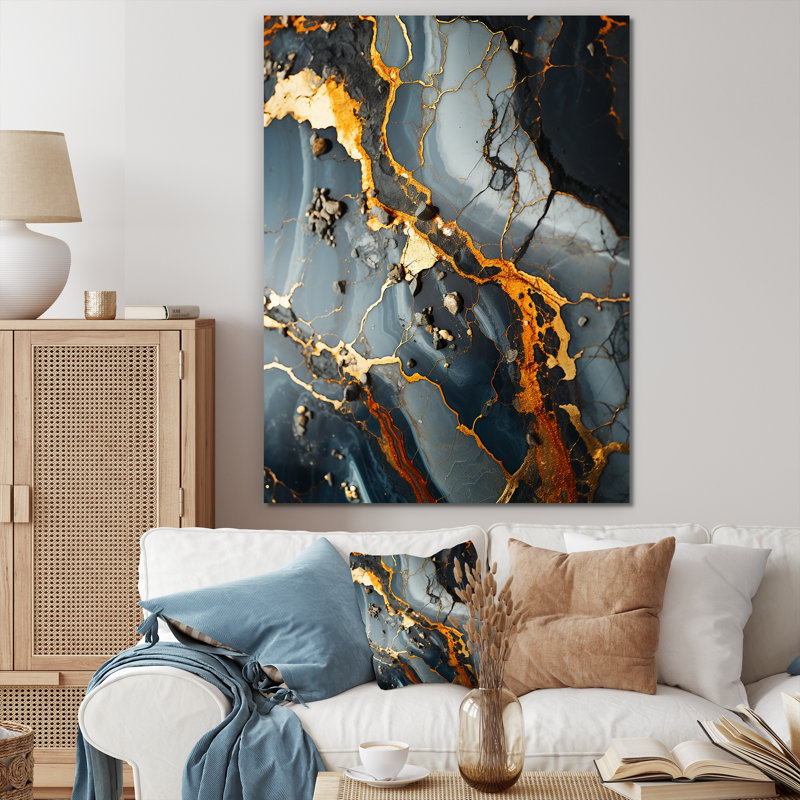 Gris et or abstrait marbre granit II - reproduction d'art abstrait mural, Toile tendue, H 20 po x l 12 po x P 1 po