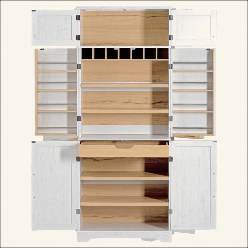 Armoire de cuisine Farmhouse avec 8 portes, armoire de rangement avec 4 tablettes réglables, tiroir caché, support à vin, armoire polyvalente pour la cuisine, la salle à manger et la salle de bain