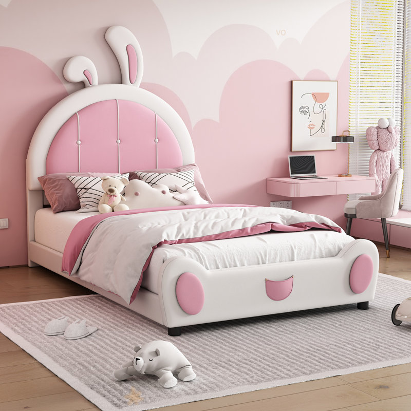 Lit plateforme tapissier avec tête de lit en forme de lapin, Blanc / Rose