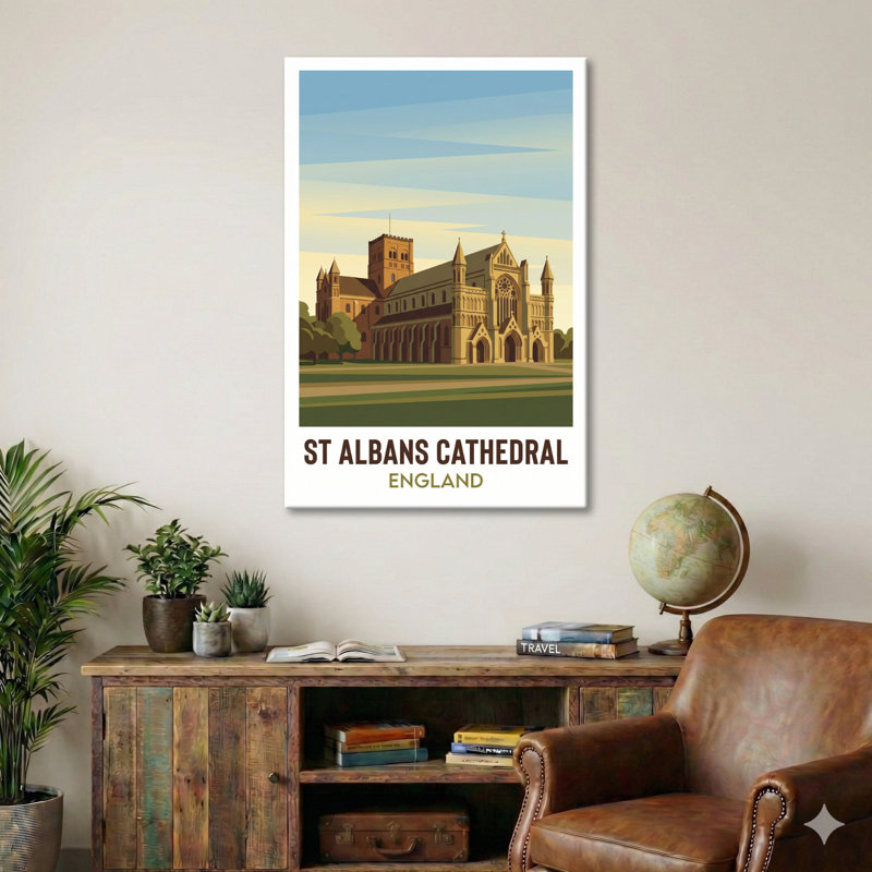 St Albans Cathedral, England - Romantic Travel Poster of Gothic Grandeur and Golden Light. Giclee Print on Wrapped Canvas. Wall Art, Home Decor - Religious & Cultural Sites, England 1 Piece Wrapped Canvas Wall Art