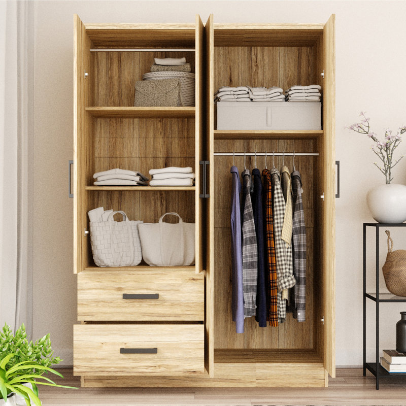 Armoire 4 portes avec 2 tiroirs et tablettes Apollonios, Chêne naturel