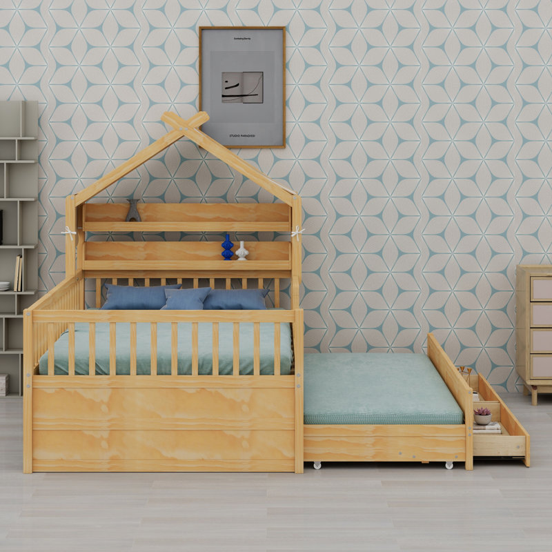 Lit Modern House avec couchette et éléments en tissu, Lit double, Naturel
