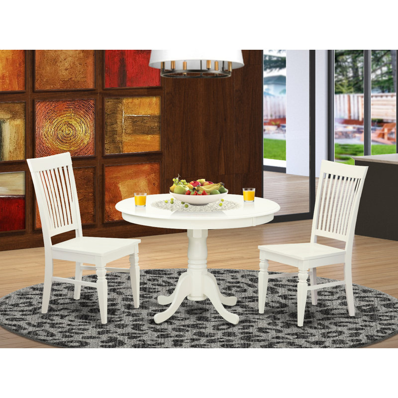 3 Piece Dinette Set for Small Spaces Contains a Round Dining Table with Pedestal and 2 Kitchen Dining Chairs, Linen White