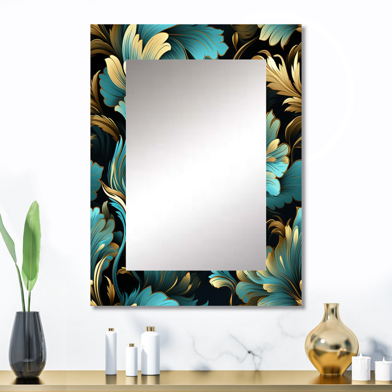 Symphonie damassée de luxe dorée et bleue Kraft - grand miroir mural damassé, miroir Boho, 32 po x 24 po
