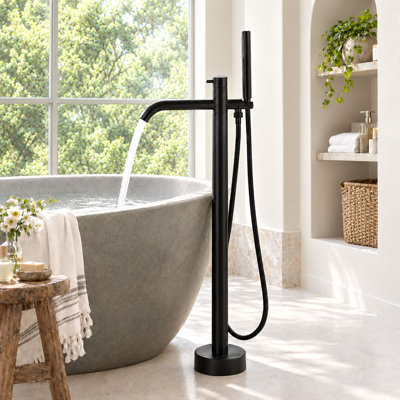 Robinet de baignoire autoportant 34 po à poignée simple moderne en acier inoxydable avec douche à main 34 po