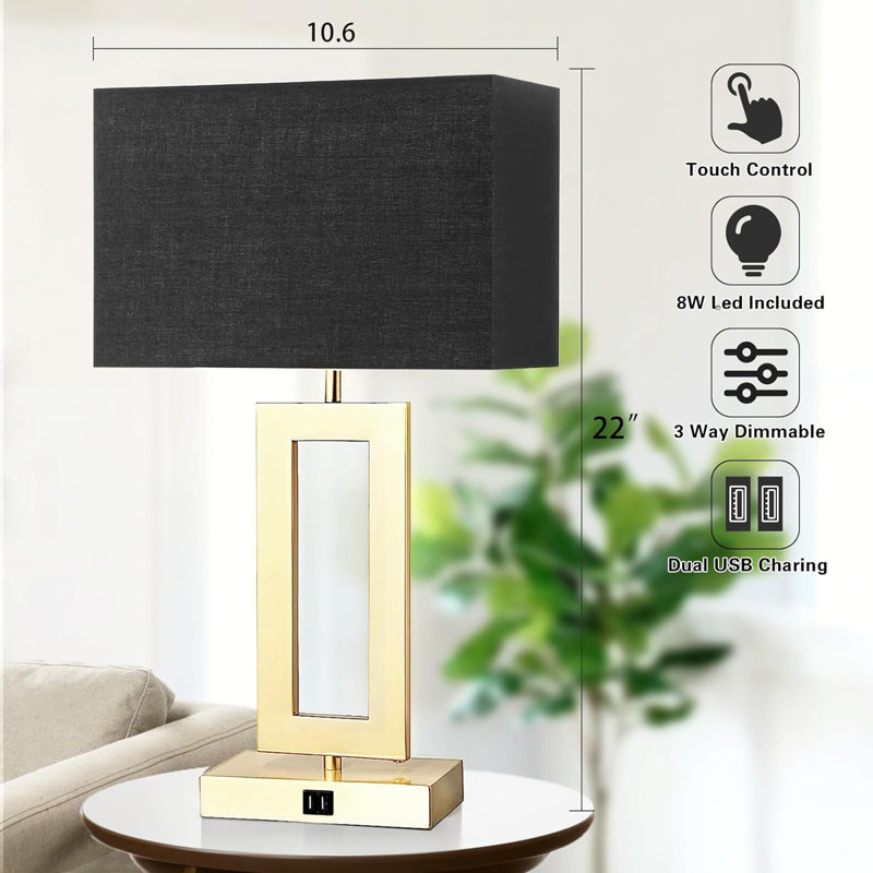 Ensemble de 2 lampes de table avec 2 ports USB, 3 lampes de chevet à commande tactile à intensité variable, lampe de table moderne pour le salon, table de chevet avec ampoules incluses