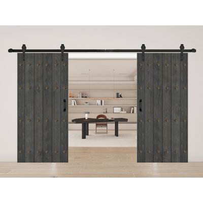 Paneled Wood and Metal Series DIY Double Barn Door with Installation Hardware Kit