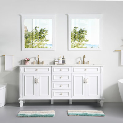 Meuble-lavabo sur pied en bois massif, 183 cm (L) x 89 cm (H), avec comptoir en quartz blanc de Carrare et double lavabo, blanc