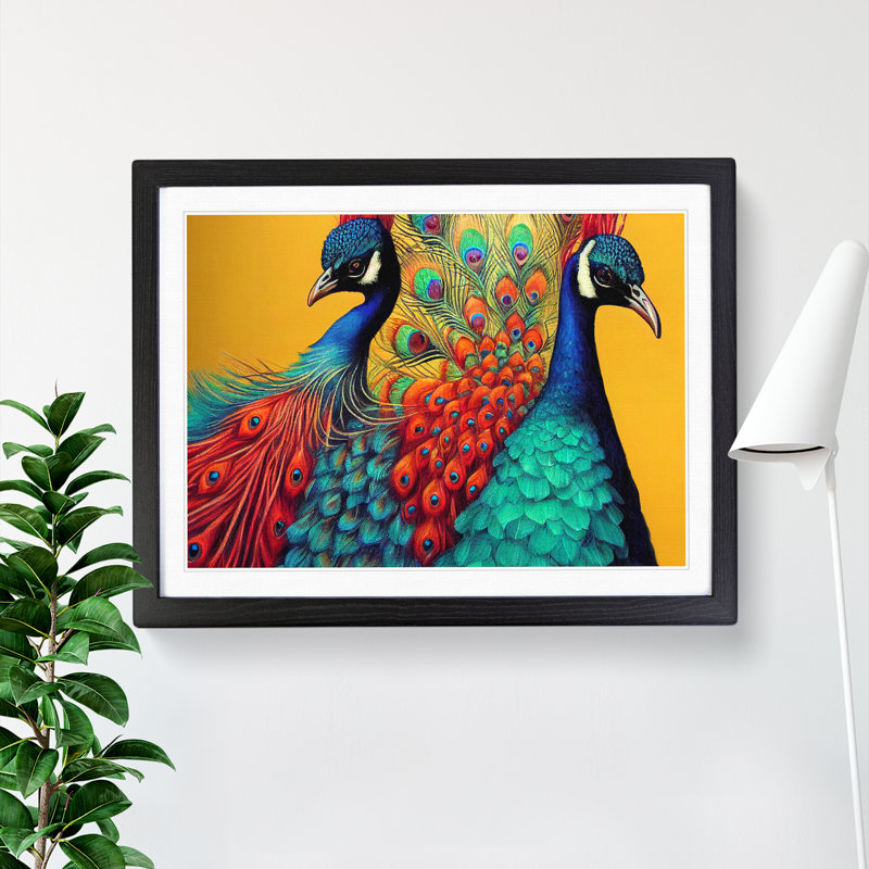 XH1022-6749X Pair Of Peacocks - Single Picture Frame Print, Black, 25cm H x 34cm W x 2cm D