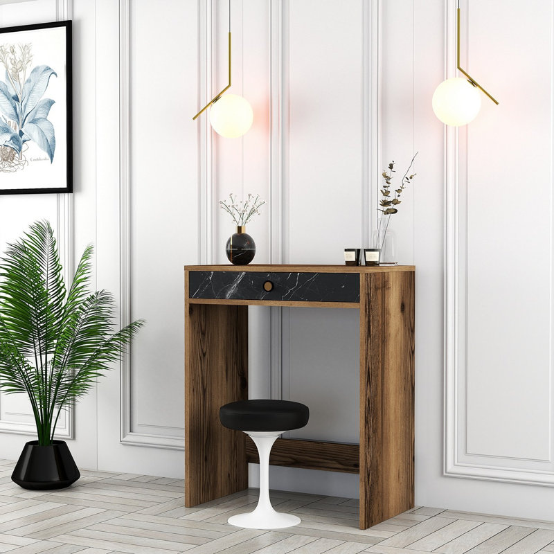 Table de maquillage moderne, noyer et noir avec finition en marbre, 27,6 po x 15,7 po x 33,4 po | 100% panneau de particules enduit de mélamine, épaisseur: 0,7 pouce | Design élégant et fonctionnel pour les espaces contemporains