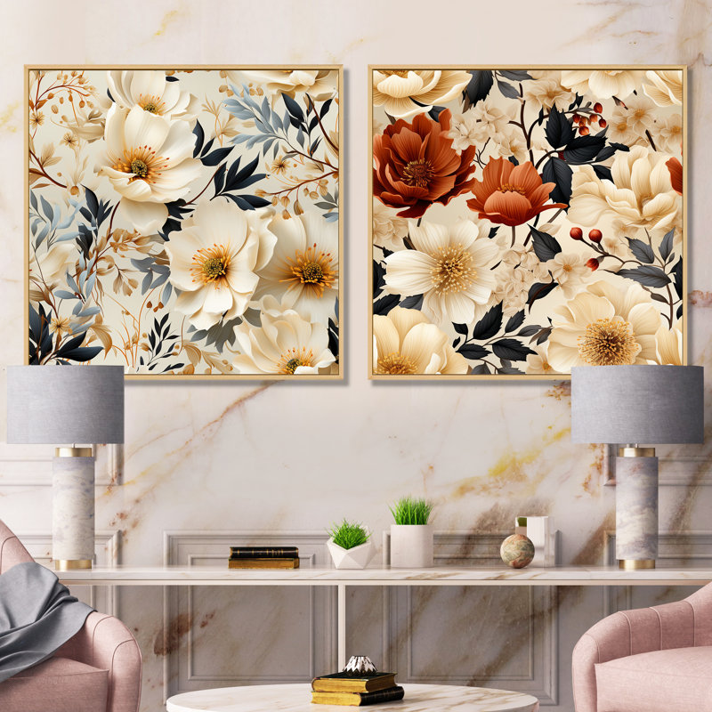 Kelia - Ensemble de 2 décorations murales florales, Encadrement brun, H 16 po x l 33 po x P 1 po