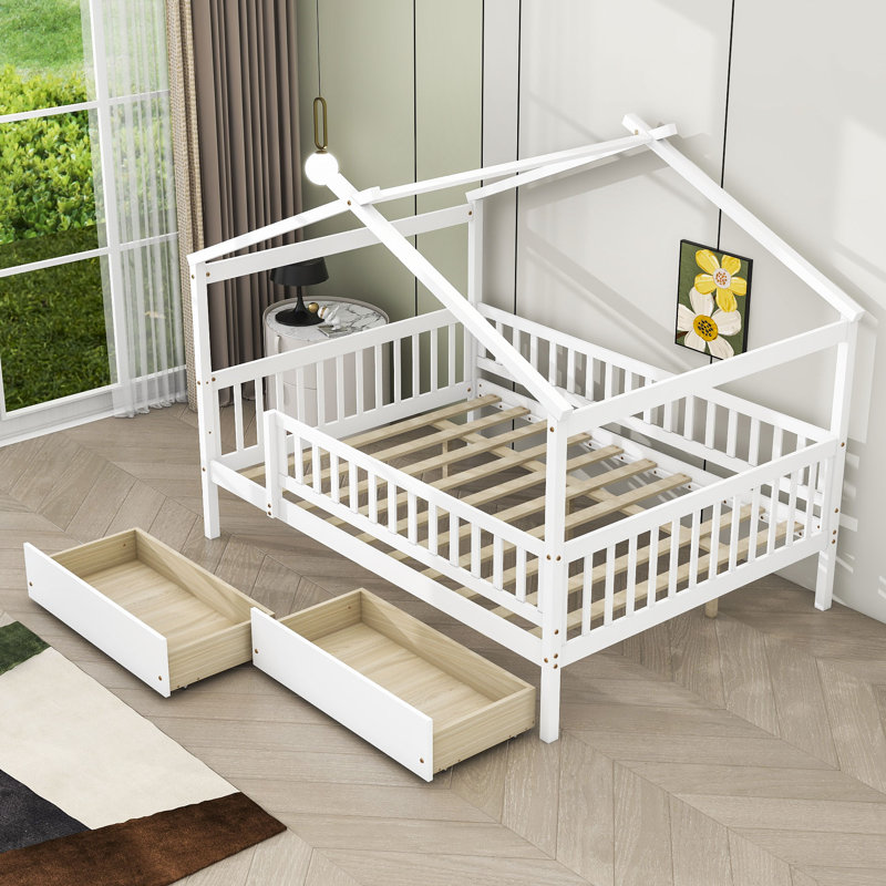 Heulwen Two Drawers Wooden House Bed, Full, White