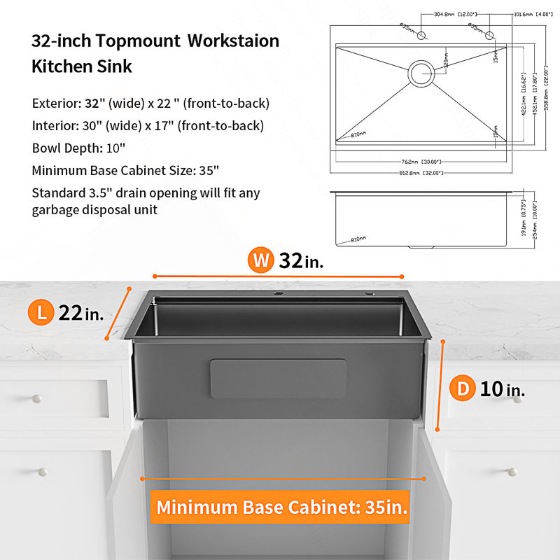 Évier 32 x 22 pouces avec robinet de pulvérisation et fabrication en acier inoxydable de calibre 18