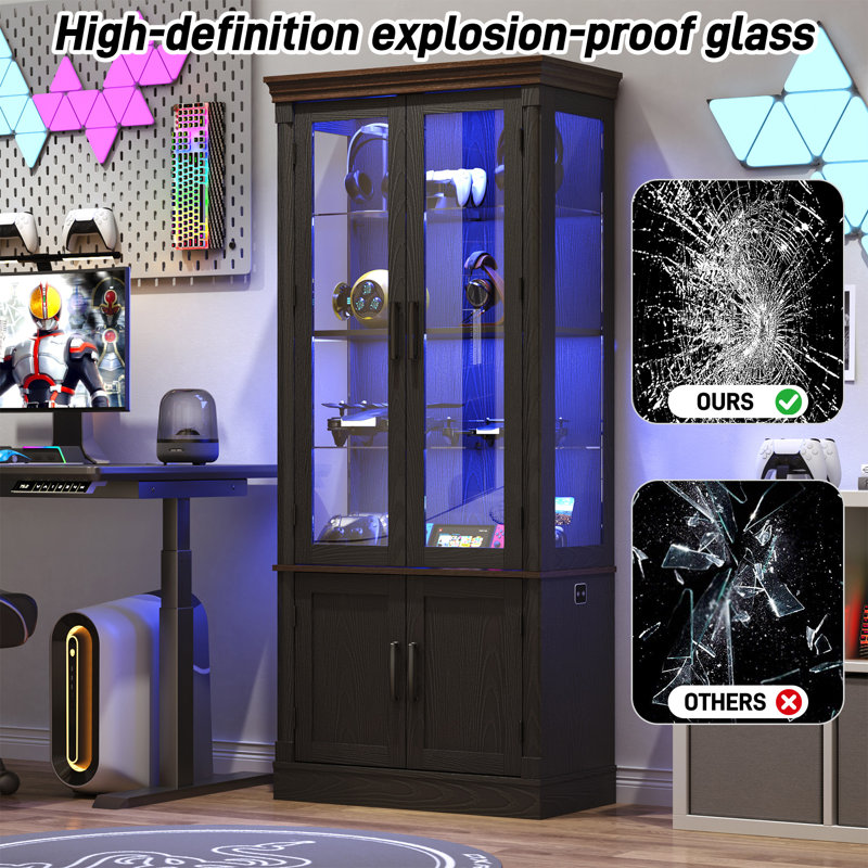 Vitrine de 71 po de hauteur avec portes en verre, vitrines lumineuses à 4 niveaux avec 2 portes de rangement et poignée en métal pour le salon, le bureau personnel et la cuisine