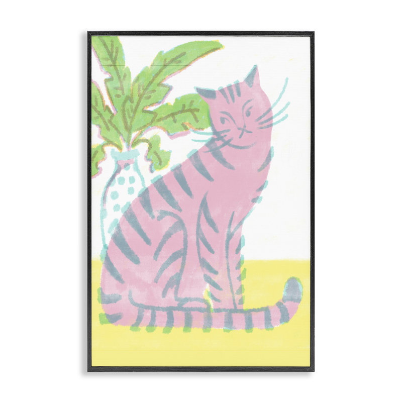 Estampe numérique moderne avec chat et plante rose, design par Hannah Moren, H 18 po x l 12 po, Giclée encadrée noir minuit