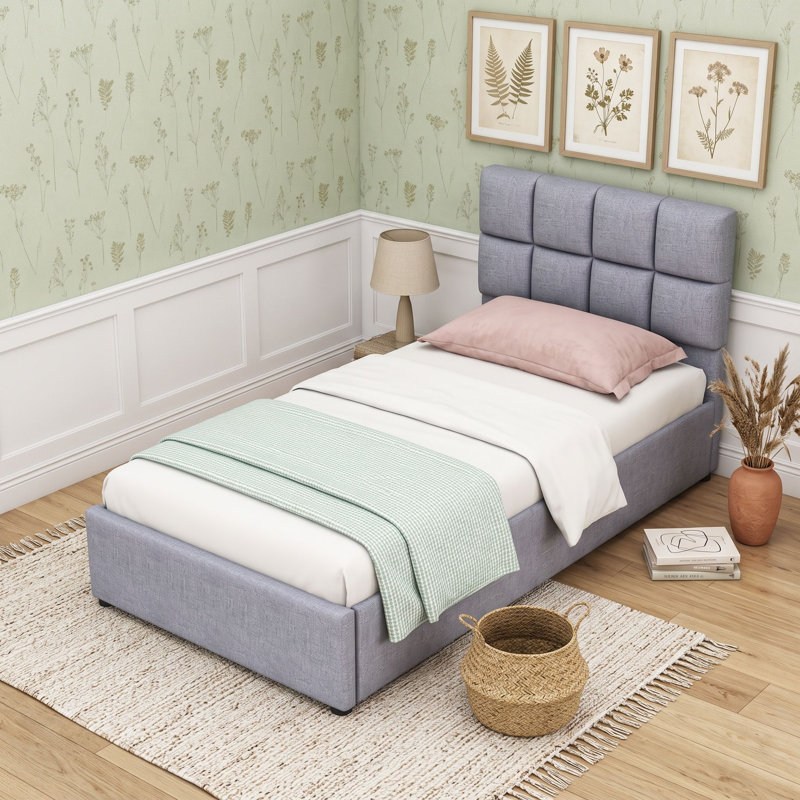 Lit plateforme rembourré double avec rangement et tête de lit, Gris