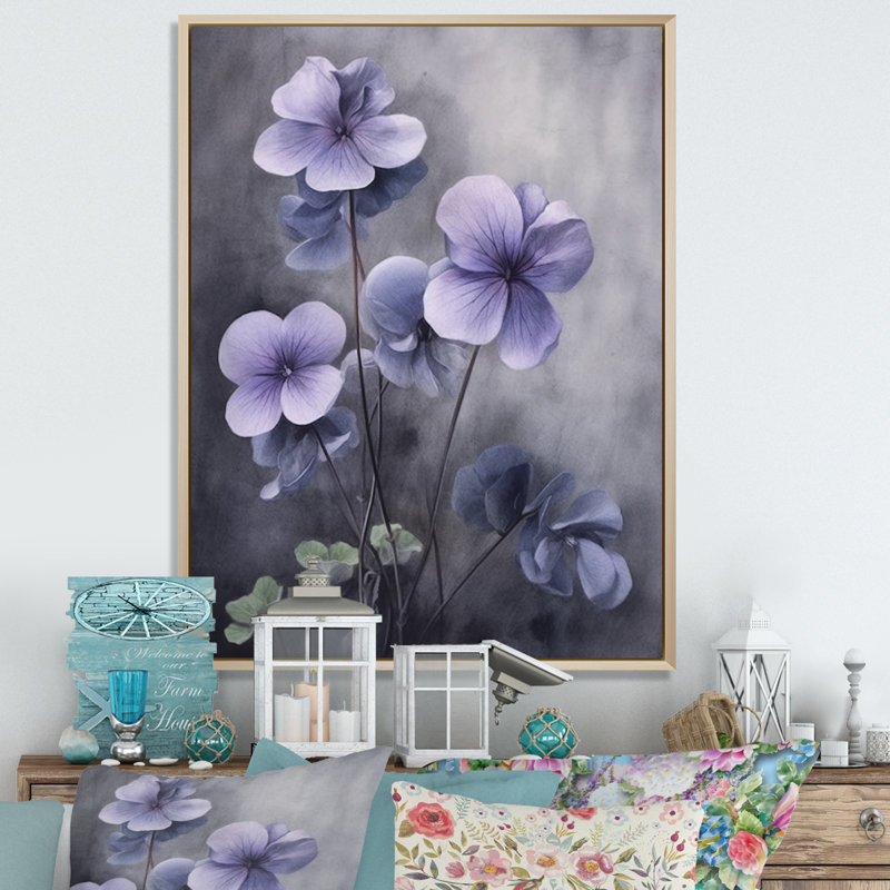 Mauve gris, violettes, rêve I - art mural floral, H 44 po x l 34 po x P 1,5 po, Cadre flottant en érable