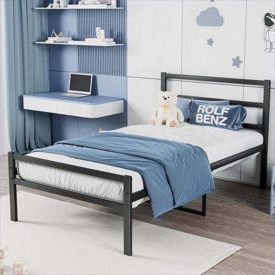 Pas de sommier requis, structure de lit simple en métal noir de jais avec tête de lit intégrée