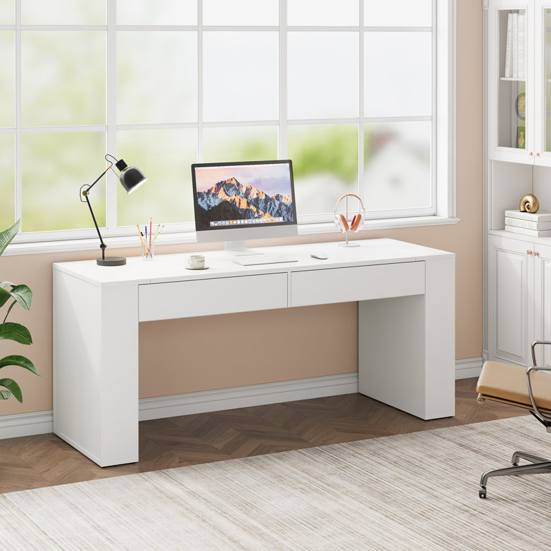 63-Inch Computer Desk With 2 Drawers, Cream White