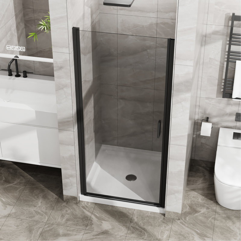 Porte de douche pivotante 34 po x 72 po avec base de douche en acrylique trempé semi-sans cadre 35,4 po, Noir blanc