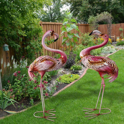 Ensemble de 2 statues de jardin d'extérieur flamant rose