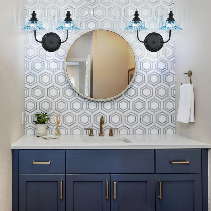 Luminaire pour meuble-lavabo 3 lumières de 25,5 po de largeur, cadre noir et verre bleu homologué UL, Bleu, Noir mat, 2