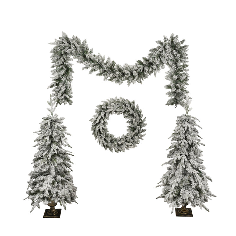 Ensemble de 4 pièces de décoration de Noël artificielle pré-éclairée (deux arbres de Noël en pot de 4 pieds, une couronne de 20 pouces et une guirlande de 9 pieds)