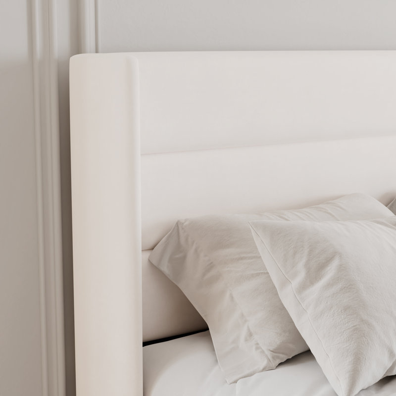 Structure de lit plateforme tapissier avec rangement relevable, Blanc, Très grand