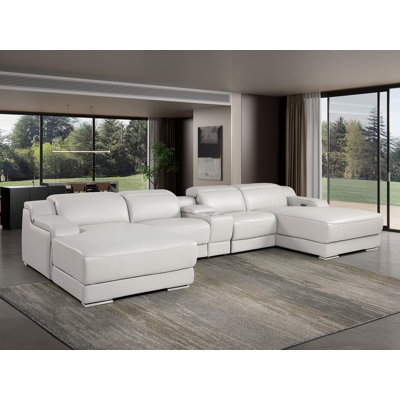 Light Gray 5-Piece U-Shaped Sectional In Top-Grain Italian Leather With Adjustable Headrests – Open Layout