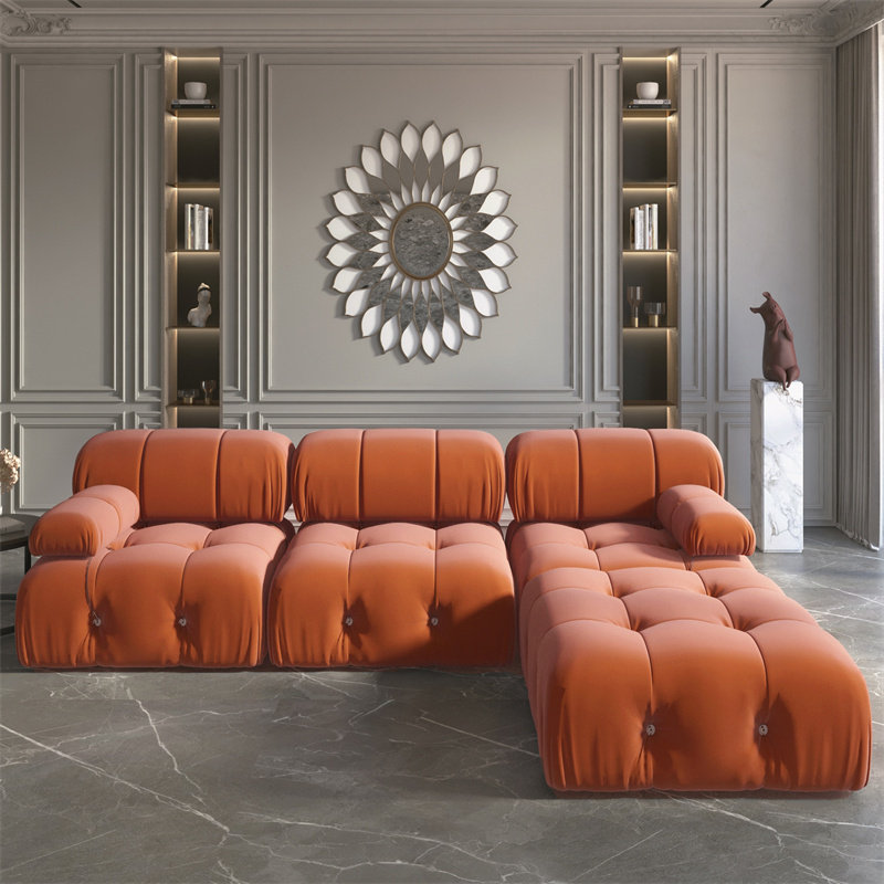 Cylar 104" Wide Velvet Reversible Modular L Shaped Sectional Sofa & Chaise with Ottoman, Velvet Orange