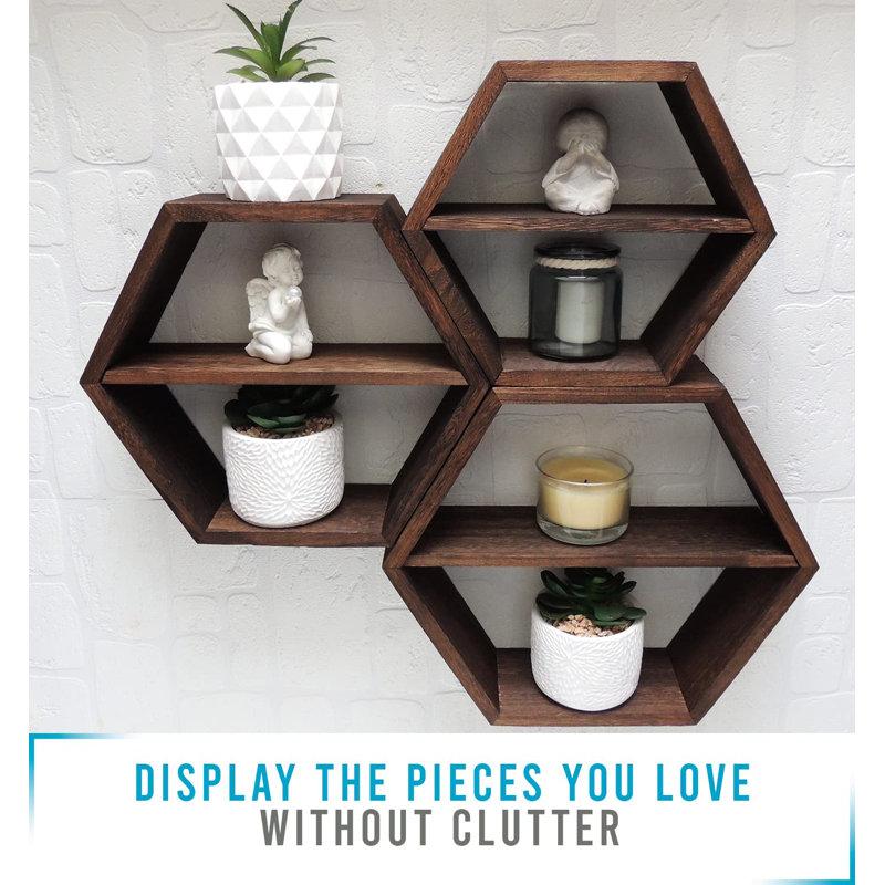 Tanley 3 Piece Hexagon Solid Wood Floating Shelf, Rustic Brown