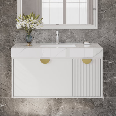 36'' Floating Vanity Bathroom, Modern Single Sink Bathroom Vanity with Drawers and Ceramic Basin